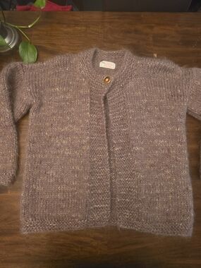 Vintage Hand Knit Fuzzy Cardigan Sweater Brown Taupe Mohair Style Medium